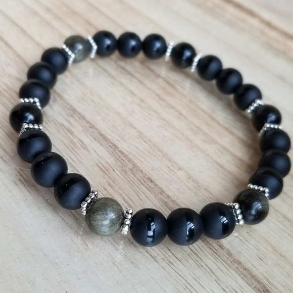 Gold Obsidian & Onyx Beaded Stretch Bracelet - Picture 5 of 6